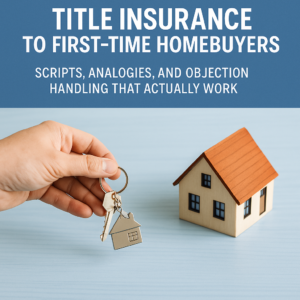 A hand holds a keychain with house-shaped keys next to a small wooden house model on a light blue surface. The image is topped with text: "Title Insurance to First-Time Homebuyers – Scripts, Analogies, and Objection Handling That Actually Work."