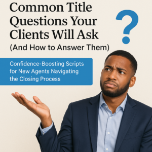 A young, slightly confused real estate agent raises his hand in question while a giant blue question mark floats beside him. Blog title and subtitle about answering common title questions appear in bold, clear typography on a beige background.